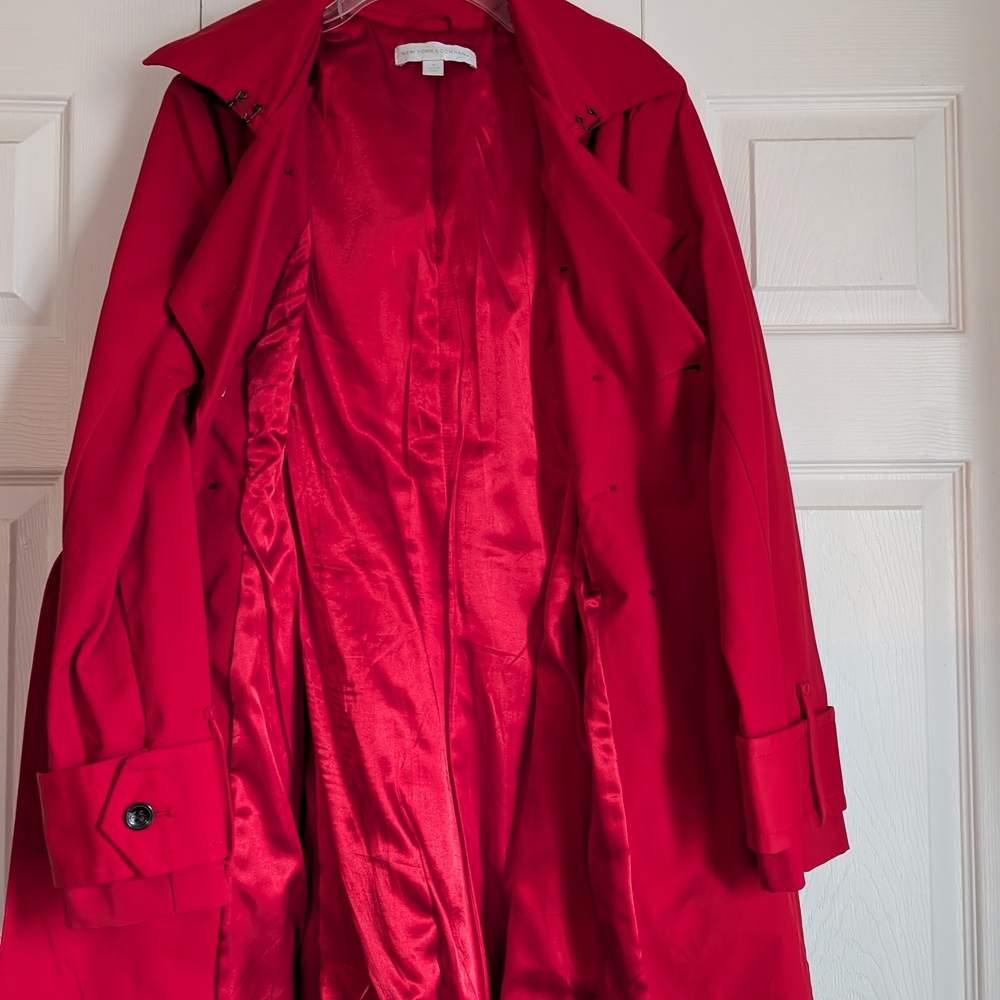New York & Company Red Double-Breasted Trench Coat with Belt - Picture 4 of 4